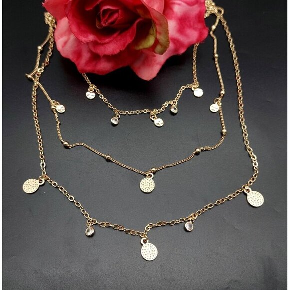 Ettika Layered Pendant Necklace in Gold Tone Saturn Chain Discs Crystals 15" Lon - Picture 2 of 9